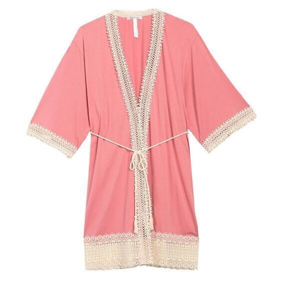 FLORA NIKROOZ Tan Pink Lace Cotton  Sleepwear Robe ONE SIZE - Picture 1 of 6